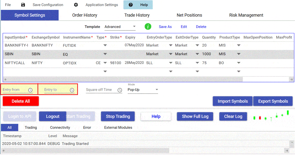 How to set trade timings Entry From and Entry To
