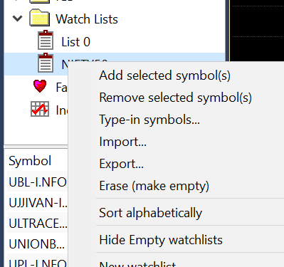 Add symbols to the watchlist by options from right-click on the watchlist.