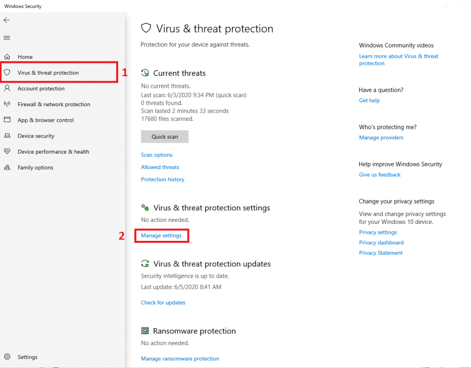 Windows virus and threat protection settings 