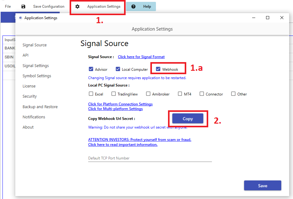 Webhook application settings, webhook url secret. 